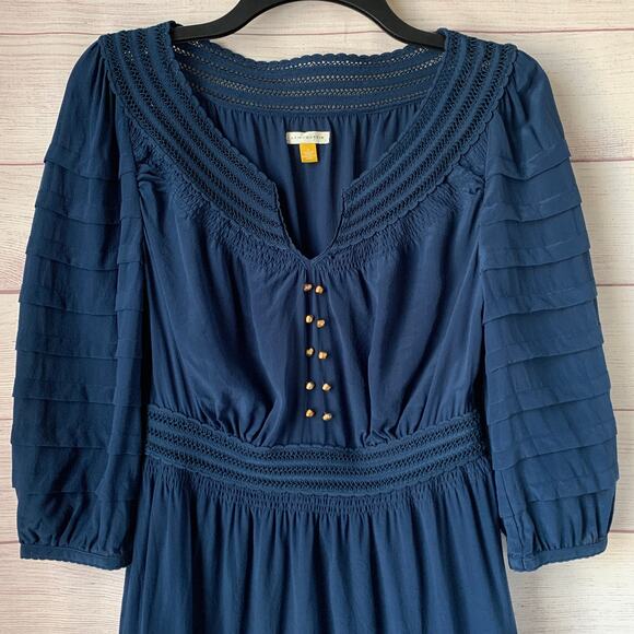 Leifsdottir Blue Dress Gold Beads Tiered Ruffle 3/4 Sleeve Twilight Alice Size 4 - Picture 2 of 16